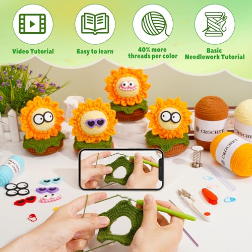 Image of WILSHIN Crochet Kit for Beginners - 3-Pack Sunflower Amigurumi Starter Set with Step-by-Step Video Tutorials, 50% Extra Yarn & Complete Tools - DIY Craft Gift for Adults