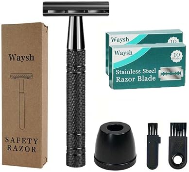Waysh Double Edge Razor Safety Razor Set Classic Shaver Metal Holder for Men Shaving Wet Shaving Black