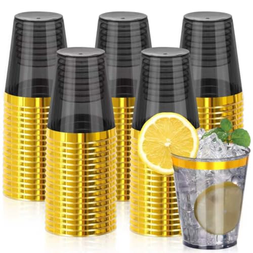 Image of 100 Pcs Gold Black Plastic Cups,10Oz Gold Rimmed Plastic Cups,Heavy Duty Gold Rim Clear Disposable Plasitc Cocktail Tumblers Wine Cup for Party,Wedding,Birthday,Christmas
