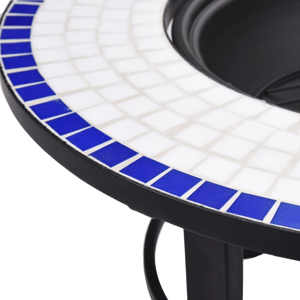 vidaXL Brasero Mosaico Cerámica Accesorios Barbacoa Jardín Terraza Patio Añadido Decorativo Diseño Robusto con Rejilla Azul/Blanco Diámetro 68cm