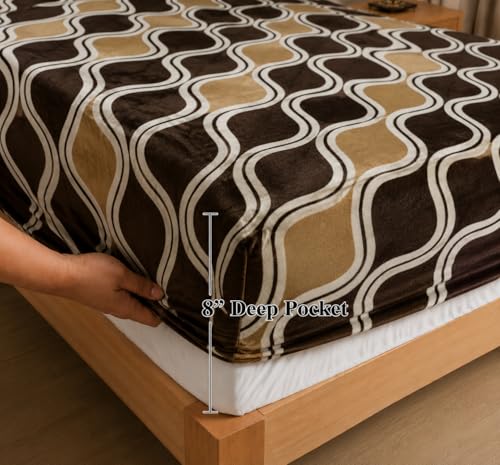 Image of Warm Flannel (Flano) King Size 345 TC Winter Fitted Bedsheet | All Side Elastic Premium Winter Soft Velvet Furnishing Bed Sheet with 2 Big Pillow Cover Size - 72 x 78 X 8 Inches Camel Brown