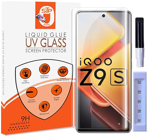 Image of STP FEEL Premium UV Tempered Glass Screen Protector Guard Compatible For IQOO Z9s 5G / IQOO Z9s Pro 5G (6.78 Inch, Pack of 1) Full Adhesive UV Curved Case Friendly HD Clarity with installation kit