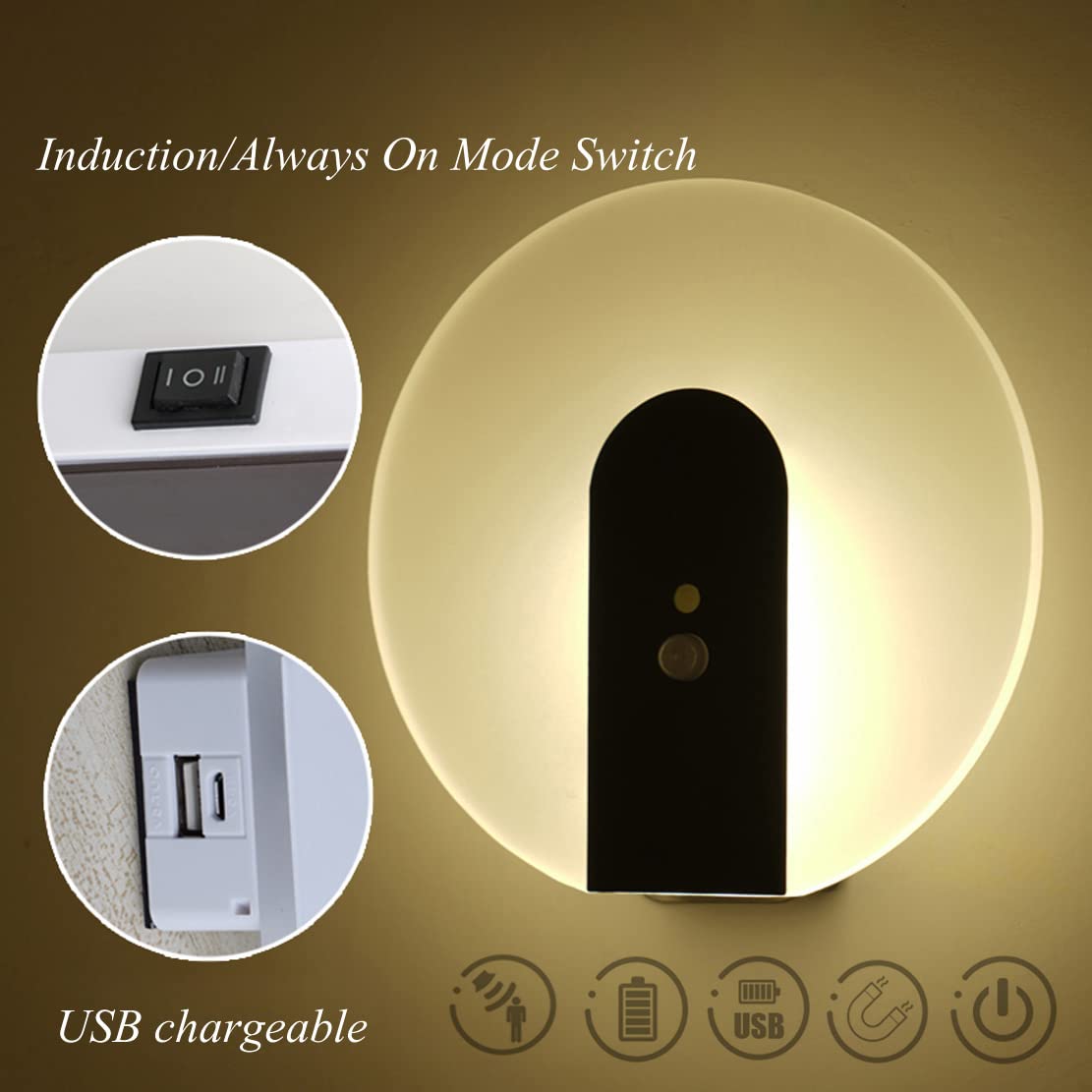 Bezprzewodowa lampa ścienna LED z czujnikiem ruchu wewnątrz zasilana bateriami, lampa ścienna ładowana przez USB, z przełącznikiem, lampa schodowa, sypialnia, lampka nocna, przenośna