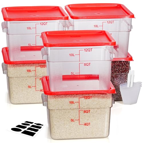Image of 12 Quarts Sous Vide Container: 6 PCS Commercial Food Storage Containers with Lids - Clear Food Container with Scales Handles for Home Restaurant Kitchen Storage Pizza Bread, Red N1