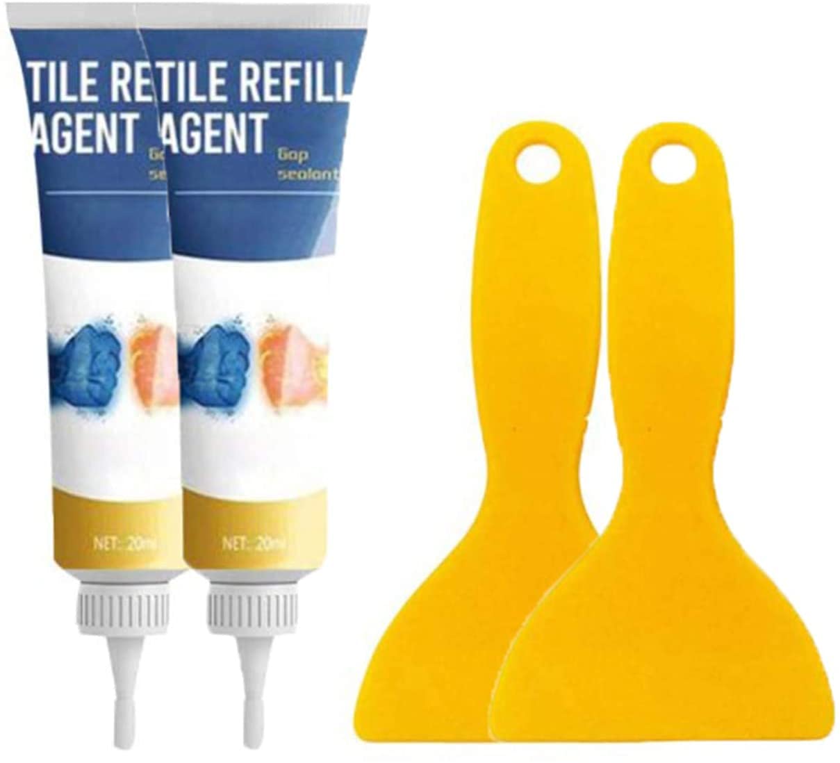 Hikaka White Tile Refill Agent Tile Reform Coating Mold Cleaner Tile Sealer Repair Glue,Tile Marker Repair Wall Pen Grout Marker,Waterproof Tile Grout Restoring Agent Tile Refill Agent With Scraper (2 Sets)