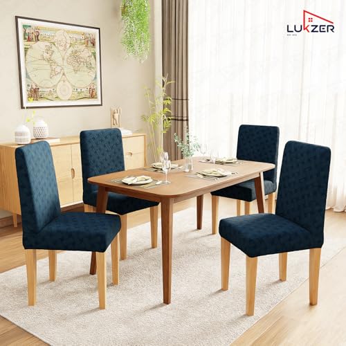 Image of Lukzer Elastic Dining Chair Cover - 1PC Pastel Marine Blue Basket Weave | Textured High Stretch Jacquard Seat Cover | Removable Washable Short Dining Chair Cover Protector Seat Slipcover | (CC-117-01)