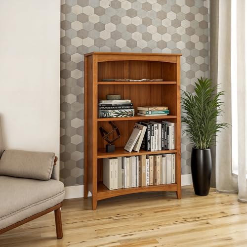 Shaker Style 4 Shelf Bookcase / Solid Wood / 48" High / Adjustable Shelving / Closed Back / Display Bookshelf for Living Room, Bedroom, Home and Office, Cherry