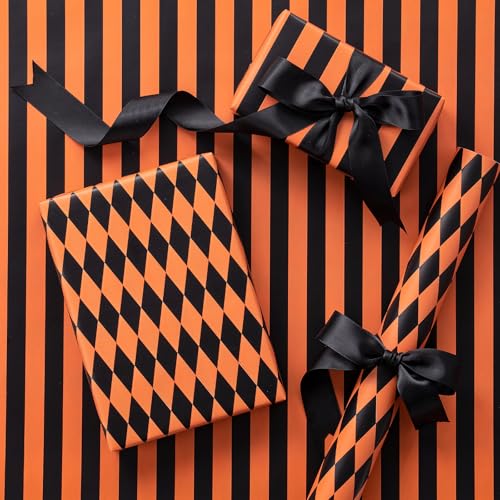 RUSPEPA Reversible Wrapping Paper Roll Mini Roll Orange Black Stripes and Diamond Pattern Gift Wrap for Teens Halloween Fall Party Birthday Spooky Celebration Carnival 43.2cm x 5m