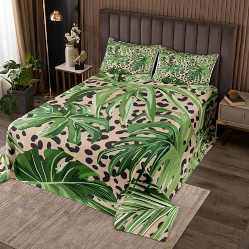 Homewish Leopard Steppdecke Gepard Druck Tagesdecke 240x260cm Blätter Botanische Safari Kinder Beige Grün Steppdecken Jungen Mädchen Erwachsene Tagesdecken raumdekor 2 Kissenbezüge