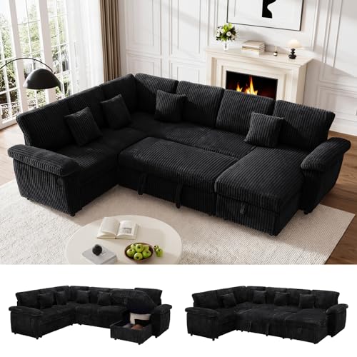 Image of Sectional Sleeper Sofa with Pull Out Bed and Storage Chaise, Fluffy Soft Corduroy Fabric, Modern Comfy U Shaped Couch with USB Charger for Living Room Apartment Small Spaces, Black