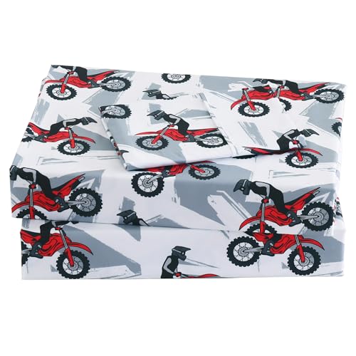 Image of Viviland 3 Pieces Boys Grey Twin Sheet Set - Soft Microfiber Fitted Flat Sheets & Pillowcase - Red Motorcycle Print Bedding Sets - for Kids & Toddlers