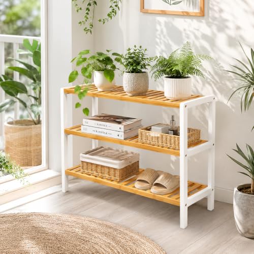 Image of 1ABOVE Bamboo Shoe Rack, Plant Rack, Perfect for Corridor, Living Room, Bathroom, Bedroom,Hallway or small spaces (Natural & White)