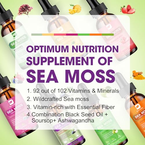 B BEWORTHS Sea Moss Liquid Drops - Irish Sea Moss & Black Seed Oil with Ashwagandha, Soursop Bitters, Elderberry, Burdock Root, Bladderwrack, Seamoss Supplement Support Antioxidant, Immune, Gut Health