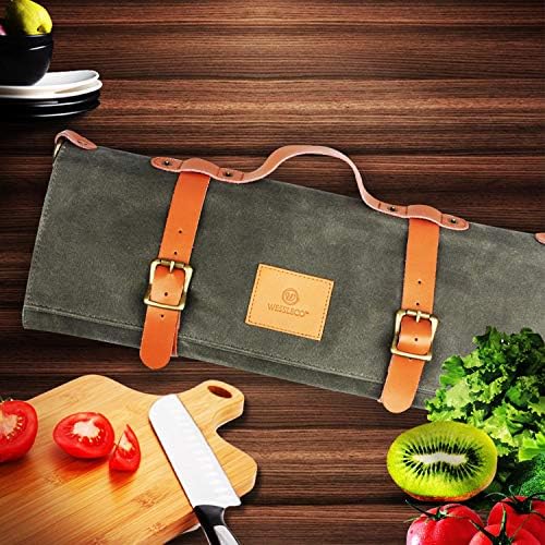 Wessleco Knife Roll (10 Pockets),Waxed Canvas Chef Knife Roll Bag, Knife Carrying Case,Knife bag holders,Storage with Handle & Shoulder Strap, Knife bags for chefs, Chef bag(Knives Not Included)