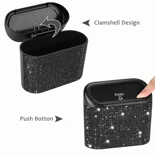 Image of Accmor Bling Car Trash Can with Lid, Mini Vehicle Trash Bin, Car Dustbin Garbage Organizer with 60 Trash Bag, Leakproof Auto Storage Bag Container for Car, Home, Office (Carbon Fiber&Black Rhinestone)