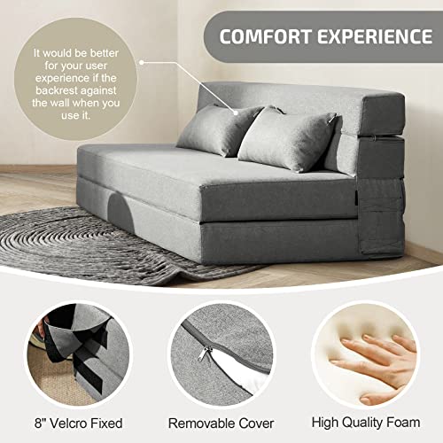 SUYOLS Folding Sofa Bed with Pillows- Convertible Chair Floor Couch & Sleeping Mattress, Foldable Memory Foam Sleeper for Living Room/Dorm/Guest Room/Home Office/Apartment/Loft, Queen, Light Gray by SUYOLS - Image 4