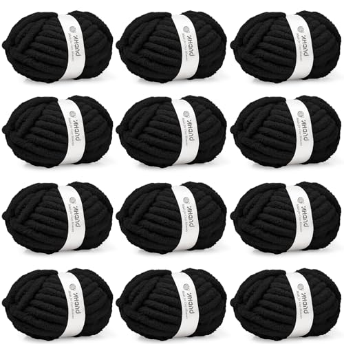 Image of Inhand Chunky Chenille Yarn for Hand Knitting,Thick Bulky Blanket Yarn for Crocheting,Soft Fluffy Yarn for Crochet Birthday Gifts for Men /Women /Beginners,12 Pack (29.5Yds /8.4oz Each),Jet Black