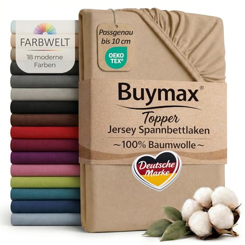 Buymax Jersey Topper Spannbettlaken aus 100% Baumwolle – Spannbetttuch für Topper bis 10 cm Höhe (18 cm Steg), atmungsaktiv, elastisch, Oeko-TEX