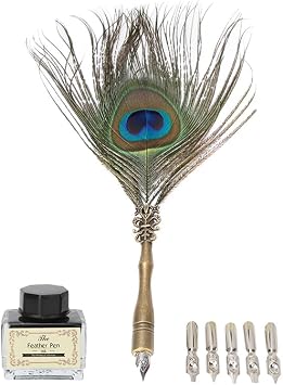 Joyzan Peacock Feather Pen, Vintage Ballpoint Quill Ink Set Writing Calligraphy Metal Antique Office Supplies 5 Replacement Nibs Empty Bottle Birthday Wedding Signature Christmas Gift Party Letter