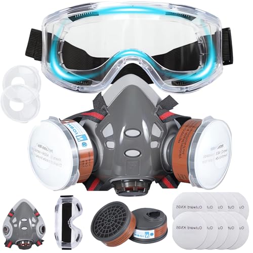 Halb Gesicht Staubmaske Set Filter für Dämpfe, Sand, Asbest, Gas, Säure und Ammoniak mit Schutzbrille, Partikelschutzfiltern Lackierer Masken und mehr mit 20 Filtrierbare Wattepads 2 Patronen