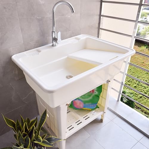 Fregadero Exterior Jardin de Plástico,Fregadero Portatil Camping,Pila de Lavar,Lavabo con Grifo,kit de desagüe,Pica Baño,Lavadero Ropa a Mano,para Interior,Garaje,Restaurante,Lavandería(Wit,68x58x80cm