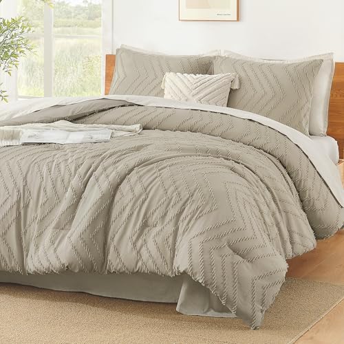 Image of Litanika Boho Queen Comforter Set, 3 Pcs Oatmeal Lightweight Bedding Set