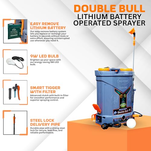 Image of PAD Corp New Lithium Double Bull 12V x16AH Big Power Double Motor Battery Sprayer for Agricuture & Garden, 2AH Fast Charger with Digital Percentage Meter (1 Year Warranty)