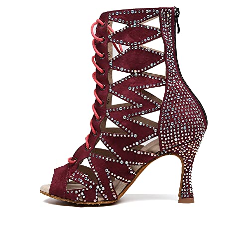 HIPPOSEUS Women's Latin Dance Shoes Rhinestone Red Peep Toe Ballroom Salsa Jazz Dance Shoes Zip Back Ankle Dance Boots,8 US