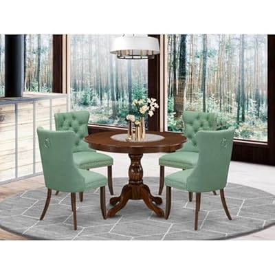 HomeStock 5 Piece Kitchen Table Set Includes A Round Modern Dining Table and 4 Upholstered Chairs, Coastal Craftsman Elegance Walnut