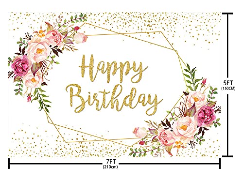 Ablin 7X5Ft Happy Birthday Backdrop For Women Wreath Background Party Decorations For Girl Gold Ring Colorful Flowers Photo Booth Props Cake Table Decor Vinyl #TOP4