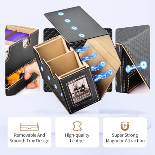 UAONO MTG Deck Box with 2 Commander Display and Dice Tray-Patented Design, Double Deck Box for 280+ Single Sleeved Cards, Leather Magnetic Card Storage Box Fits for TCG CCG Magic Cards (Black&Khaki) by UAONO - Used condition - Image 5