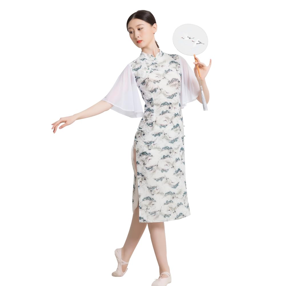 ROYAL SMEELA Robe Qipao pour Les Femmes Blanc Cheongsam Manche Feuille De Lotus Col Mandarin Adulte Cheongsam Fente Qipao Cheongsam Traditionnelle Chinoise Robe Cheongsam Sexy Qipao Chinoise Femme