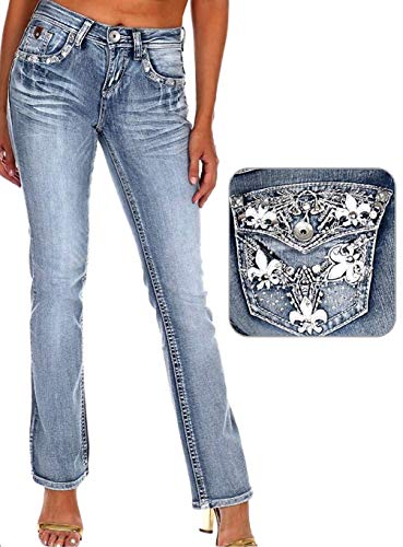 Jack David/LA Idol/Sexy Couture Women's Rhinestone Mid Rise Bootcut/Skinny Blue Stretchy Denim Jeans Pants