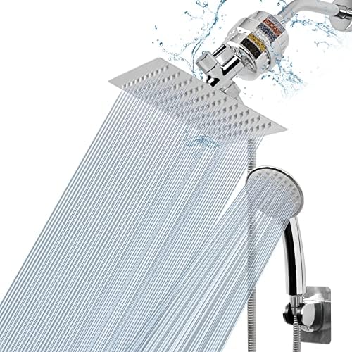 NearMoon Filtered Shower Head, High Pressure 8″Square Rain Shower Head and 5 settings Handheld Shower Filter Combo with Self-adhesive Holder/1.5M Hose -1 Replaceable Filter Cartridge (Chrome Finish)