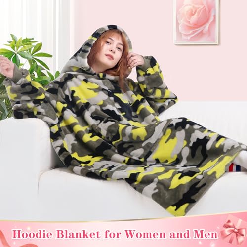Image of Waitu Wearable Blanket Sweatshirt Gifts for Women and Men, Warm and Cozy Giant Blanket Hoodie, Thick Flannel Blanket with Sleeves and Giant Pocket - Yellow Camo