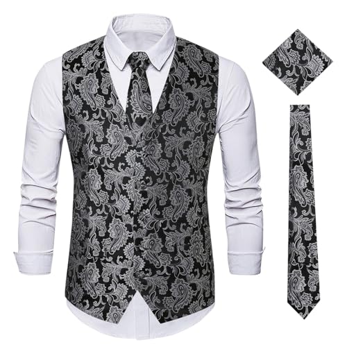 Men Suit Vest Jacket Vintage Jacquard Waistcoat Jacket Party Clubwear Blazer with Bow Tie and Elegant Pocket Square