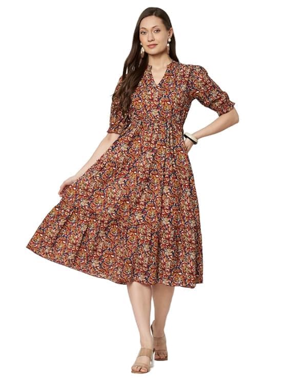 Image of PIDAVLIYA'S Women's Cotton Floral Printed Midi Dress | V-Neck Fit & Flare Dress with Puff Sleeves | Casual Summer Wear