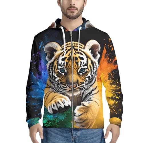Mens Zip up Hoodie Full-Zip Sweatshirt,3D Galaxy Tiger Print Graphic Hoodies Long Sleeve Jackets3