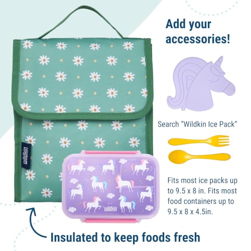 Image of Wildkin Insulated Lunch Bag for Kids, Daisy | 10 x 8.5 x 5 in insulated fold-flat lunch bag with touch closure, sturdy carry handle and wipe-clean lining.