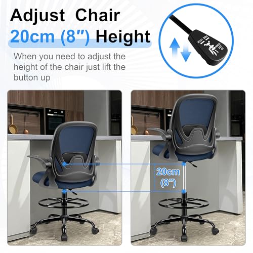 Image of Drafting Chair Tall Office Chair with Flip-up Armrests, Adjustable Height, Enhanced Lumbar Support Ergonomic Rolling Stool, Back Support, Adjustable Foot Rest Ring for Standing Desk Navy