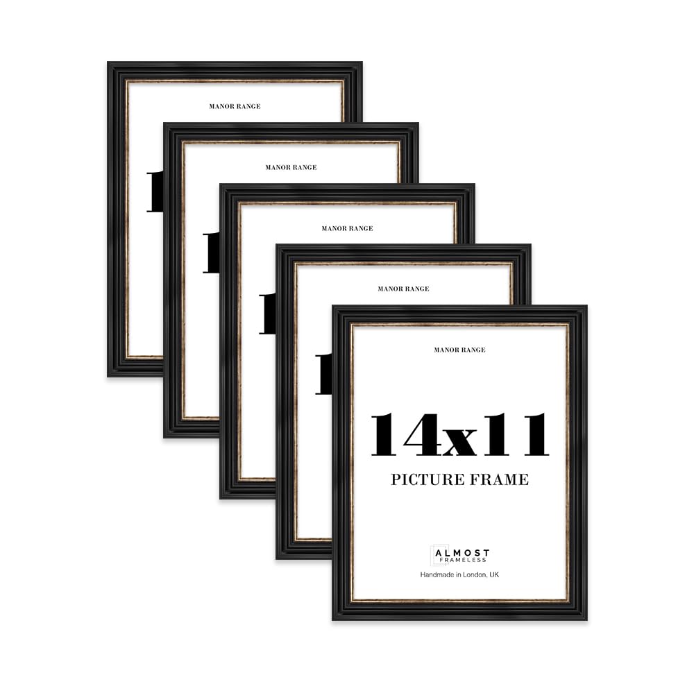 14x11 Picture Frame, Display 14x11 Pictures (27.9 x 35.6cm) - Black & Gold Sophisticated 42mm Edge Antique-Inspired Home Accessories - 5 Pack