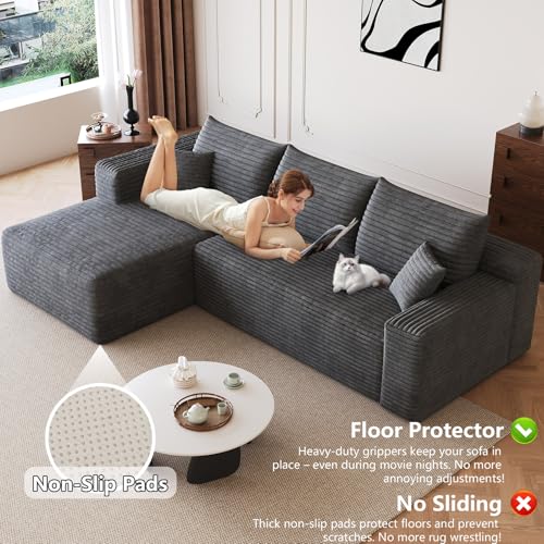 Image of 95 inch Modular Sectional Sofa, Modern Corduroy Cloud Couch with Side Pockets, Boneless Couch Upholstered 3-Seater L-Shaped Sofa for Living Room, No Assembly Required (Dark Gray,Left-Facing Chaise)