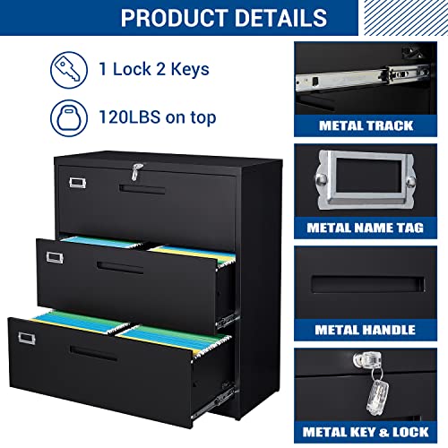 Fesbos Lateral File Cabinet With Lock, 3 Drawer Large Metal Filing Cabinet,Home Office Lockable Storage Cabinet For Hanging Files Letter/Legal/F4/A4 Size-Assembly Required #TOP5