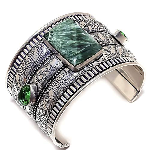 Lara Gems Stones And Jewellers Seraphinite, Green Amethyst 925 Sterling Silver Cuff Bracelet Adst. Op-2085 #TOP29