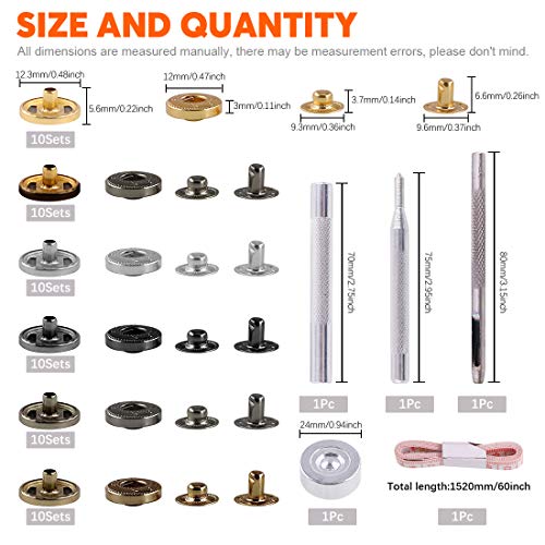 Keadic 60 Sets Snap Fasteners Assortment Kit With 4 Installation Tools And 1 Tape Measure, 6 Colors 12.5Mm Leathercraft Rivets For Leather Fabric #TOP3