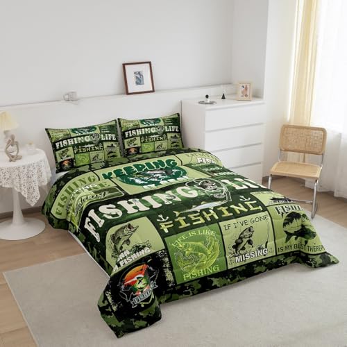 Image of Feelyou Kids Bass Fish Duvet Insert Full Size, Grenn Big Pike Comforter Set Boys Girls Hunting and Fishing Bedding Set Fisherman Teens Bedroom Decor Microfiber Bed Set