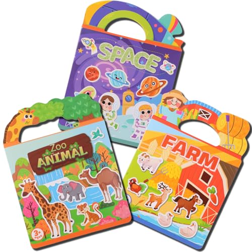 3 Pack Sticker Books Reusable Sticker Book for 3+ Years Old Plane Activities for Toddlers Boys and Girls(Zoo+Farm+Space)