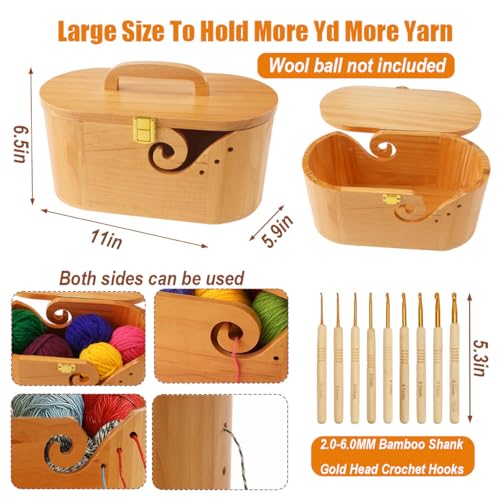 Sivlnian Portable Oval Wooden Yarn Bowl - with Lid, Lock & Handle, 9 Knitting Hooks Set, Perfect Organizer for Threads & Knitting Supplies