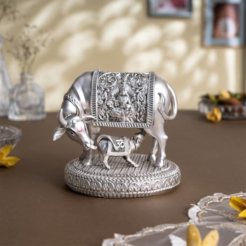 Image of Svastika 999 Silver Plated Kamdhenu Cow with Calf Idol | 4.5 Inch Premium Kamadhenu Vastu Showpiece | Gift Boxed | Wedding Housewarming for Couples