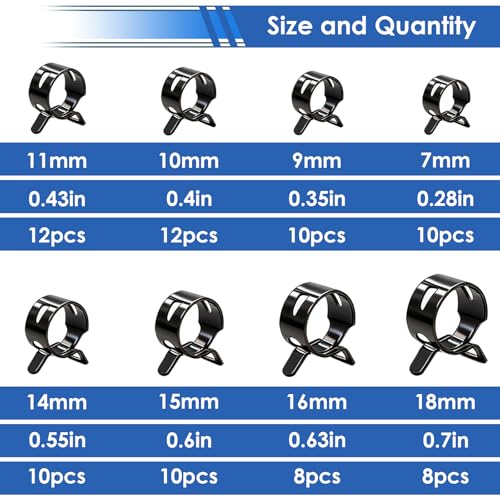 Image of smseace Spring Hose Clamp Assortment kit 7-18mm 8-sizes Constant Tension Hose Clamp used for Fuel Line,Vacuum Hose,Air Hose Spring Band Hose Clamp Kit